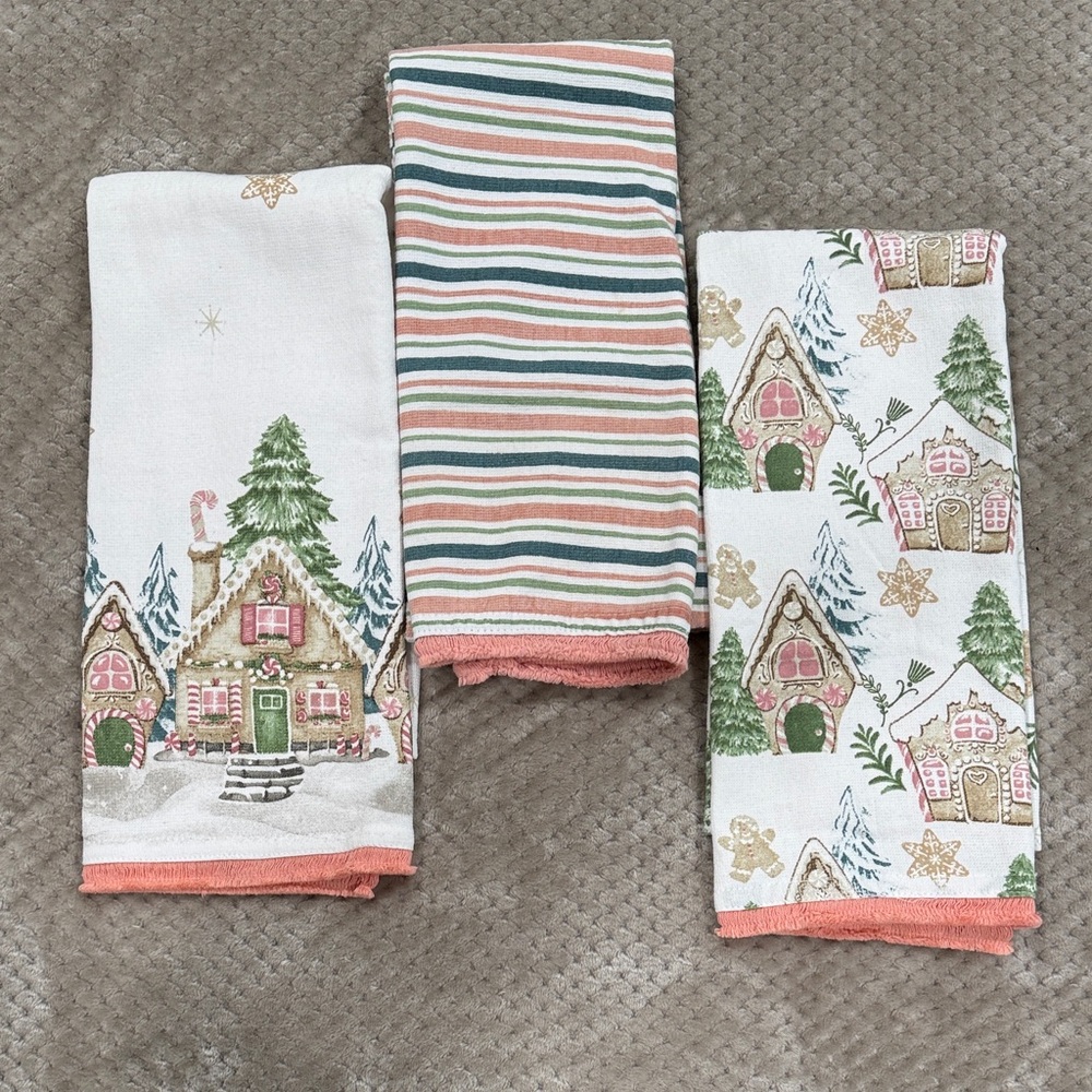 Rachel Zoe Holiday Gingerbread Kitchen Towel Set - Green, Pink, White